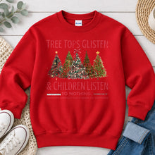 Load image into Gallery viewer, Tree Tops Glisten Red Christmas design on Red crewneck sweatshirt