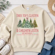 Load image into Gallery viewer, Tree Tops Glisten Red Christmas design on Sand crewneck sweatshirt