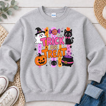 Load image into Gallery viewer, Trick Or Treat Black Cat Halloween design on Ash Grey crewneck sweatshirt