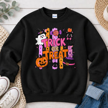 Load image into Gallery viewer, Trick Or Treat Black Cat Halloween design on Black crewneck sweatshirt