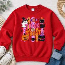 Load image into Gallery viewer, Trick Or Treat Black Cat Halloween design on Red crewneck sweatshirt