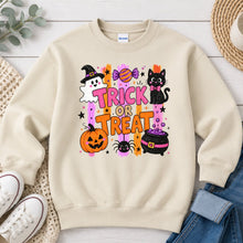 Load image into Gallery viewer, Trick Or Treat Black Cat Halloween design on Sand crewneck sweatshirt