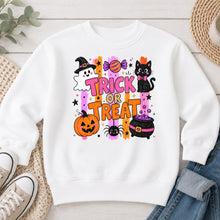 Load image into Gallery viewer, Trick Or Treat Black Cat Halloween design on White crewneck sweatshirt