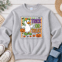 Load image into Gallery viewer, Trick Or Treat Duck Halloween design on Ash Grey crewneck sweatshirt