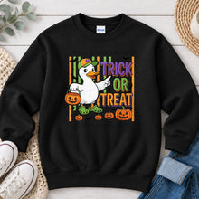 Load image into Gallery viewer, Trick Or Treat Duck Halloween design on Black crewneck sweatshirt