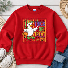Load image into Gallery viewer, Trick Or Treat Duck Halloween design on Red crewneck sweatshirt