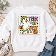 Load image into Gallery viewer, Trick Or Treat Duck Halloween design on White crewneck sweatshirt