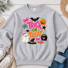 Load image into Gallery viewer, Trick Or Treat Pink Bows Halloween design on Ash Grey crewneck sweatshirt