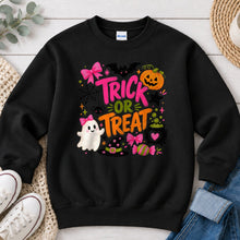 Load image into Gallery viewer, Trick Or Treat Pink Bows Halloween design on Black crewneck sweatshirt