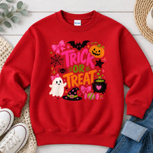 Load image into Gallery viewer, Trick Or Treat Pink Bows Halloween design on Red crewneck sweatshirt