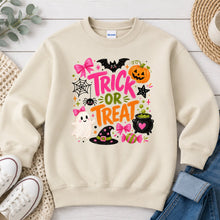 Load image into Gallery viewer, Trick Or Treat Pink Bows Halloween design on Sand crewneck sweatshirt