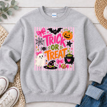 Load image into Gallery viewer, Trick Or Treat Pink Bows Striped Halloween design on Ash Grey crewneck sweatshirt