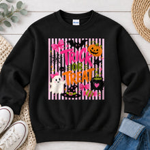 Load image into Gallery viewer, Trick Or Treat Pink Bows Striped Halloween design on Black crewneck sweatshirt