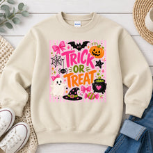 Load image into Gallery viewer, Trick Or Treat Pink Bows Striped Halloween design on Sand crewneck sweatshirt