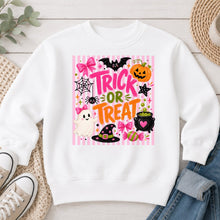 Load image into Gallery viewer, Trick Or Treat Pink Bows Striped Halloween design on White crewneck sweatshirt