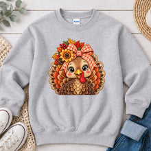 Load image into Gallery viewer, Turkey Gingham Bow Thanksgiving design on Ash Grey crewneck sweatshirt