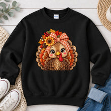 Load image into Gallery viewer, Turkey Gingham Bow Thanksgiving design on Black crewneck sweatshirt