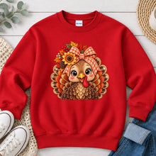 Load image into Gallery viewer, Turkey Gingham Bow Thanksgiving design on Red crewneck sweatshirt