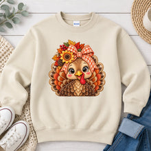 Load image into Gallery viewer, Turkey Gingham Bow Thanksgiving design on Sand crewneck sweatshirt