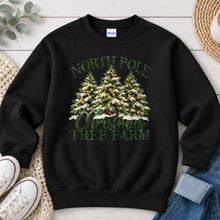 Load image into Gallery viewer, Vintage North Pole Christmas Tree Farm Christmas design on Black crewneck sweatshirt