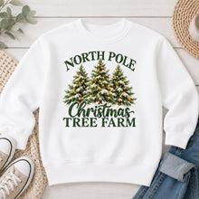 Load image into Gallery viewer, Vintage North Pole Christmas Tree Farm Christmas design on White crewneck sweatshirt