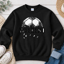 Load image into Gallery viewer, Weekend Forecast Soccer Sports design on Black crewneck sweatshirt