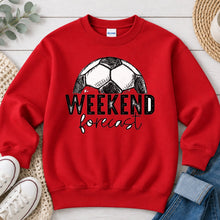 Load image into Gallery viewer, Weekend Forecast Soccer Sports design on Red crewneck sweatshirt