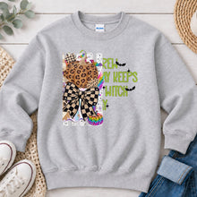 Load image into Gallery viewer, Witch Crew Leopard Pumpkin Halloween design on Ash Grey crewneck sweatshirt