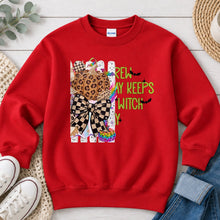 Load image into Gallery viewer, Witch Crew Leopard Pumpkin Halloween design on Red crewneck sweatshirt