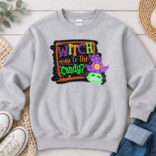Load image into Gallery viewer, Witch Way To The Candy Halloween design on Ash Grey crewneck sweatshirt