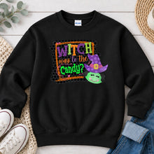 Load image into Gallery viewer, Witch Way To The Candy Halloween design on Black crewneck sweatshirt