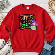 Load image into Gallery viewer, Witch Way To The Candy Halloween design on Red crewneck sweatshirt