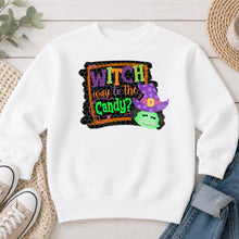 Load image into Gallery viewer, Witch Way To The Candy Halloween design on White crewneck sweatshirt