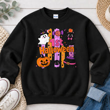 Load image into Gallery viewer, 1st Halloween Black Cat Halloween design on Black crewneck sweatshirt
