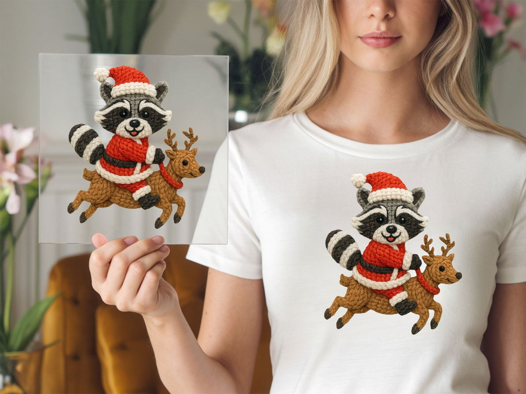 Christmas Raccoon on reindeer yarn design DTF TRANSFER
