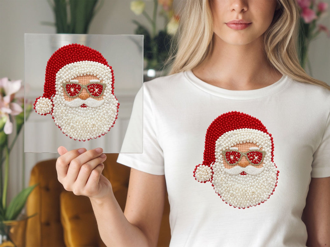Santa Red Rhinestone Santa face with glasses DTF TRANSFER