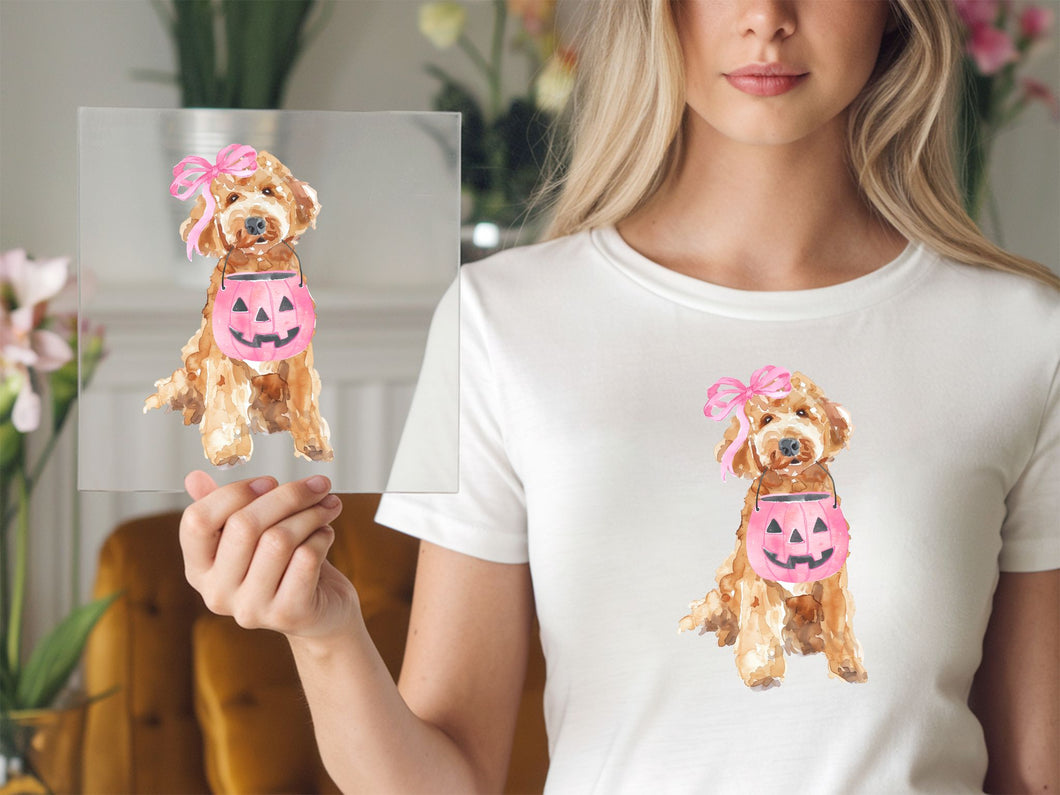 Cute Dog with pink bow and pumkin Halloween DTF TRANSFER