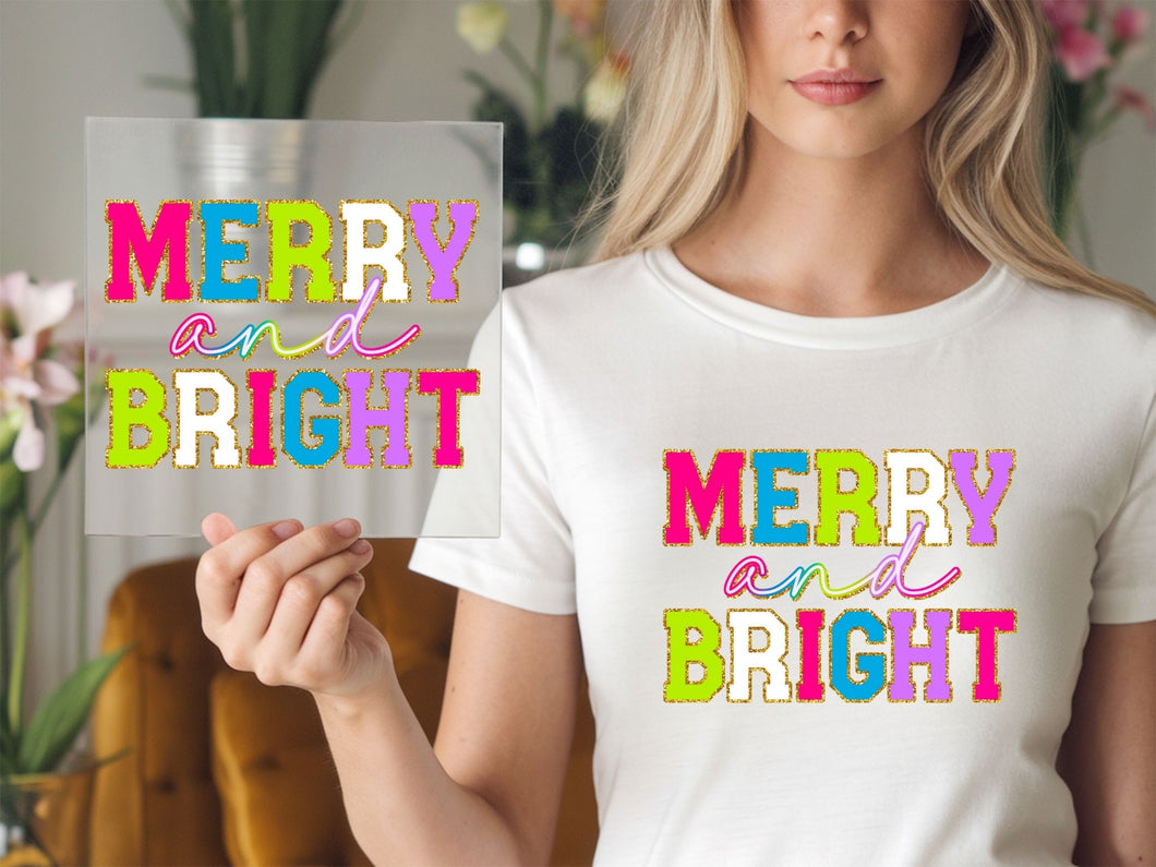Merry and Bright colorful chenille letters Christmas DTF TRANSFER