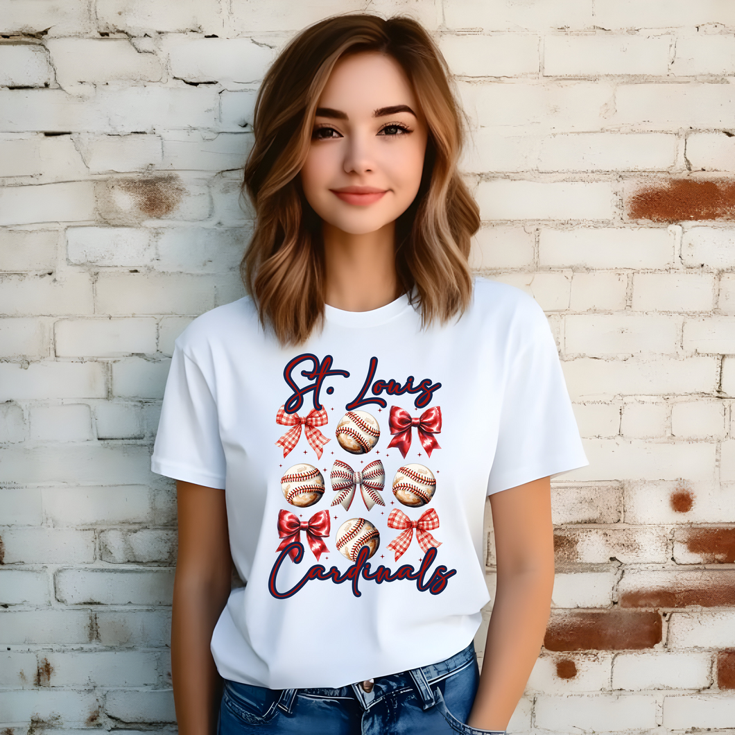 St. Louis Cardinals T Shirt- Coquette Bows and Baseballs