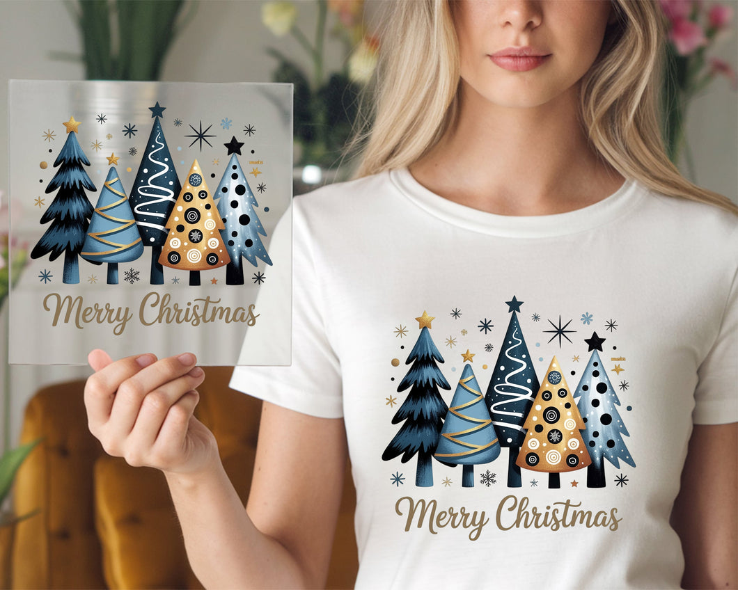 Merry Christmas Blue Trees DTF TRANSFER