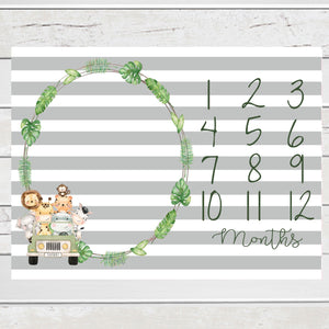 Personalized Milestone Blanket Safari Animals Wreath striped