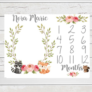 Personalized Milestone Blanket Girl Floral Woodland Animals