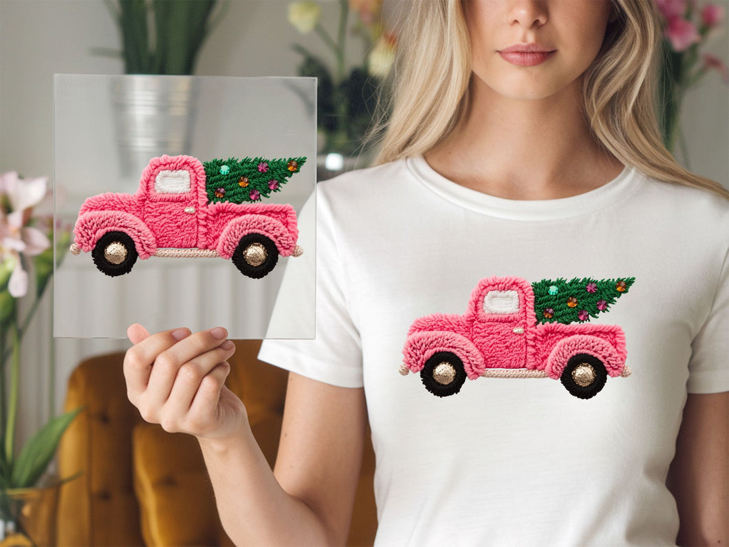 Pink Truck With Christmas Tree Yarn DTF TRANSFER