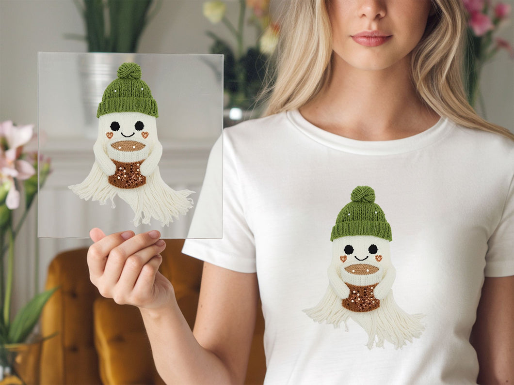 Yarn Ghost With Green Hat DTF TRANSFER