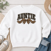 Load image into Gallery viewer, Auntie Leopard Bow Mom &amp; Family design on White crewneck sweatshirt
