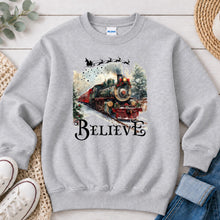 Load image into Gallery viewer, Believe Train Christmas design on Ash Grey crewneck sweatshirt
