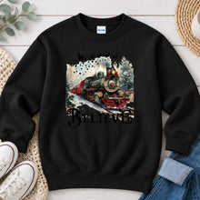Load image into Gallery viewer, Believe Train Christmas design on Black crewneck sweatshirt
