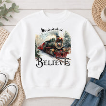 Load image into Gallery viewer, Believe Train Christmas design on White crewneck sweatshirt
