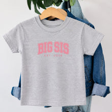 Load image into Gallery viewer, Big Sis Varsity Est 2026 design on heather grey kids t-shirt
