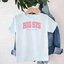 Load image into Gallery viewer, Big Sis Varsity Est 2026 design on light blue kids t-shirt
